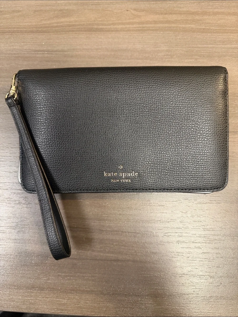 kate spade black pebbled leather snap wallet with gold logo
